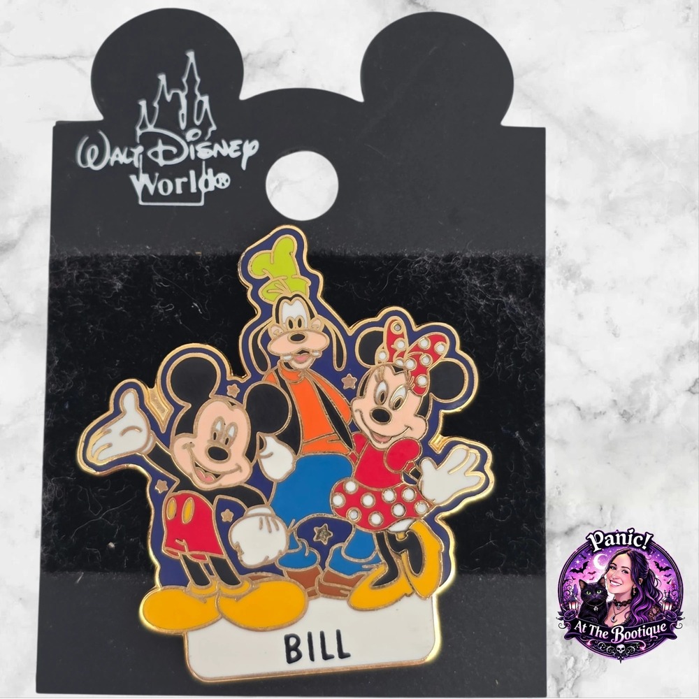 Disney Pin Mickey Minnie Goofy Bill Nameplate Enamel Pin Gold Theme Park Vintage